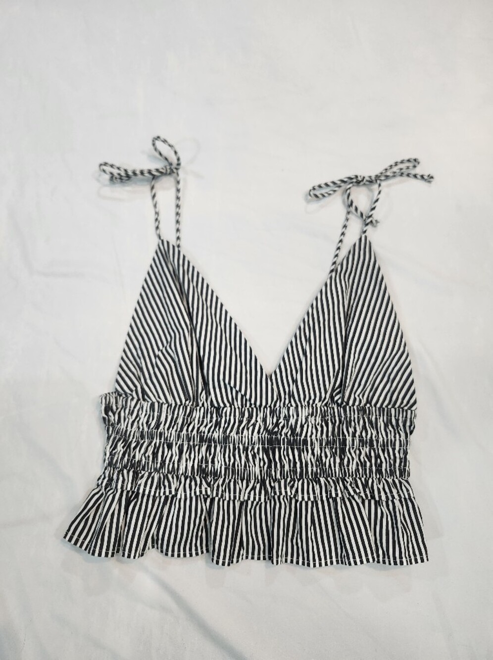 Sim&Sam Striped Black & White Tie-Shoulder Smocked Camisole